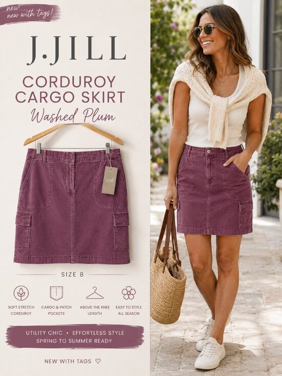 J. Jill Dresses & Skirts - NWT J.Jill Corduroy Cargo Skirt Washed Plum Mauve Utility Chic Size 8
